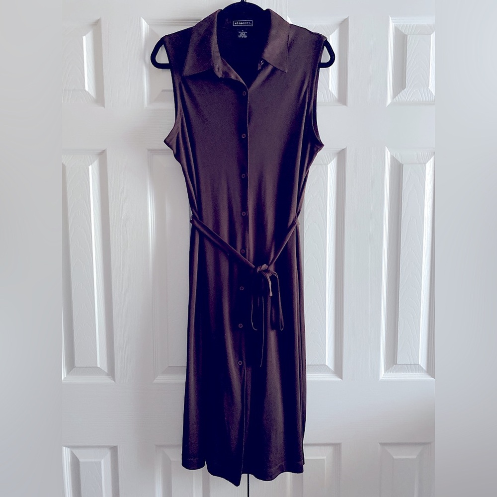 ELEMENTZ SLEEVELESS BUTTON FRONT TIE WAIST MIDI SHIRT DRESS BELT Brown XL